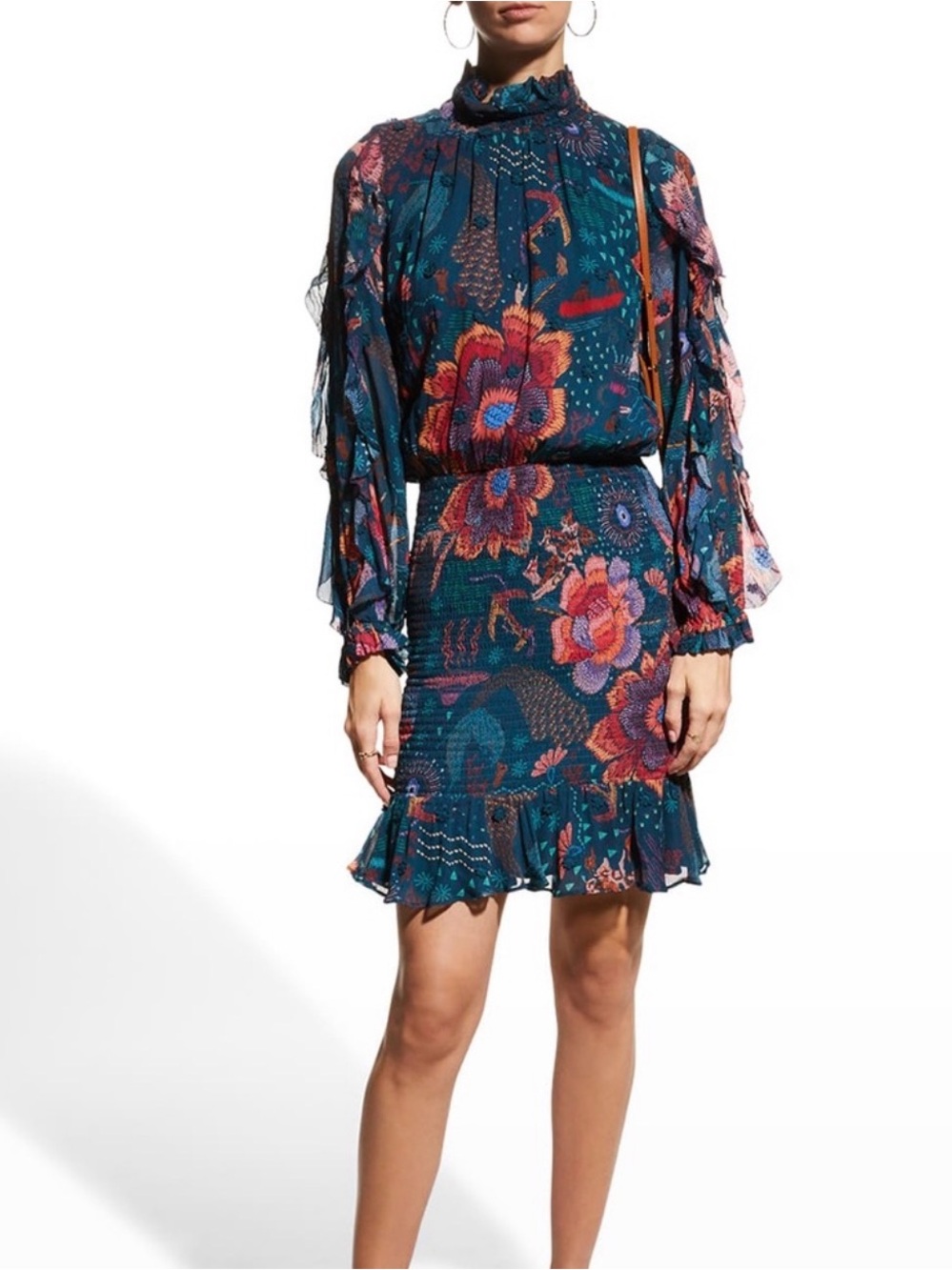 FARM Rio Teal Floral Mini Dress with Pink & Orange Blooms
